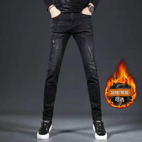 加绒刺绣牛仔裤男2024新款黑色修身小脚弹力绣花男士裤子显瘦秋季商品大图