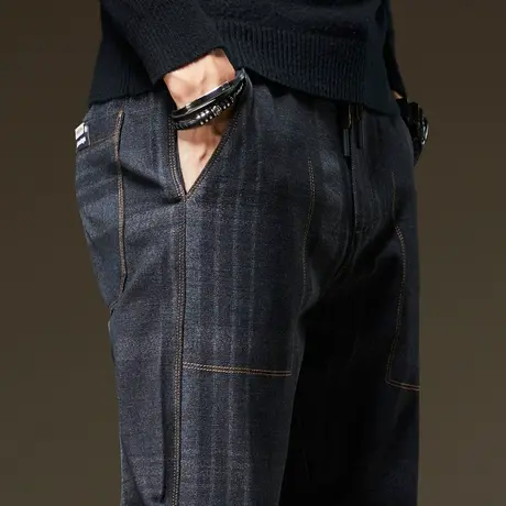 秋冬款冬季加厚款条纹裤格子男裤子2023新款男士休闲长裤直筒宽松商品大图