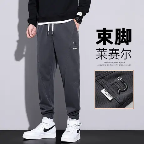 春季男款美式高街宽松紧腰休闲裤子春秋款痞帅气束脚潮牌工装春装商品大图