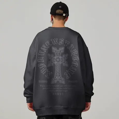 国潮oversize港风圆领卫衣胖子男生潮牌大码男装春秋冬款加绒无帽商品大图