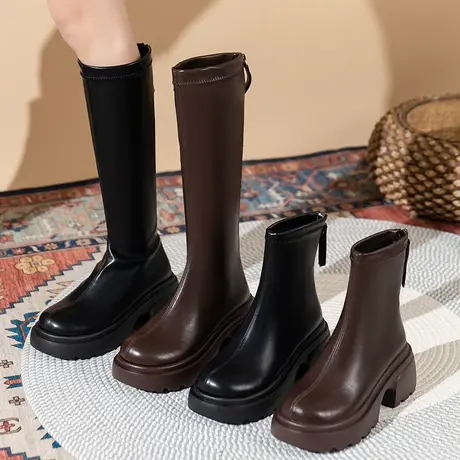 长筒靴女2023春秋新款小个子显瘦增高时装靴子粗跟厚底高跟骑士靴商品大图