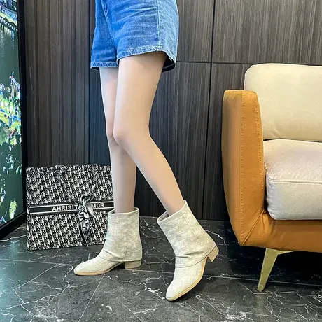 设计感小众翻边短筒裤管靴2024年秋冬新款时尚尖头百搭显瘦堆堆靴图片