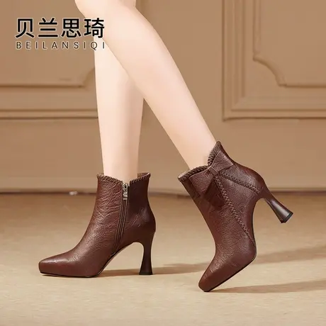 压花真皮蝴蝶结尖头粗跟短靴女2023秋冬季新款防水台高跟时装短靴图片