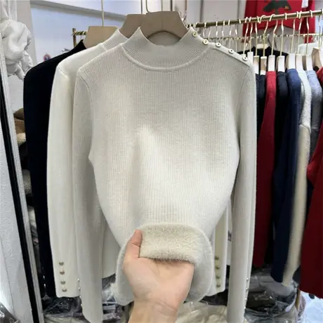 半高领螺纹纯色针织衫女2023年秋冬新款修身显瘦加绒加厚内搭上衣图片