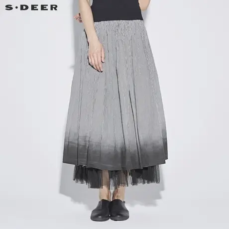 sdeer圣迪奥女装撞色格纹双层渐变褶皱半身长裙S18281143图片