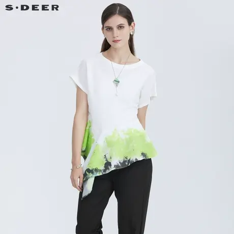 sdeer圣迪奥女装夏季简约圆领晕染肌理短袖衬衫S21280412图片