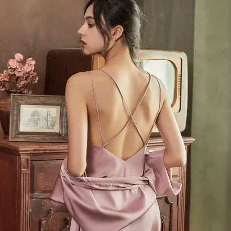 睡裙女夏季冰丝网红爆款2021年新款性感吊带睡衣裙春秋薄款两件套商品大图