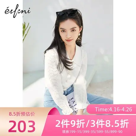 伊芙丽针织衫女年秋新品翻领长袖拼接简洁大方上衣1C3930401图片