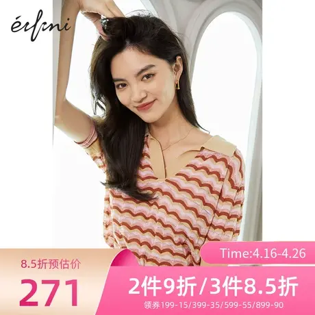 【商场同款】伊芙丽2022新款夏季时尚韩版撞色POLO领女毛针织衫商品大图