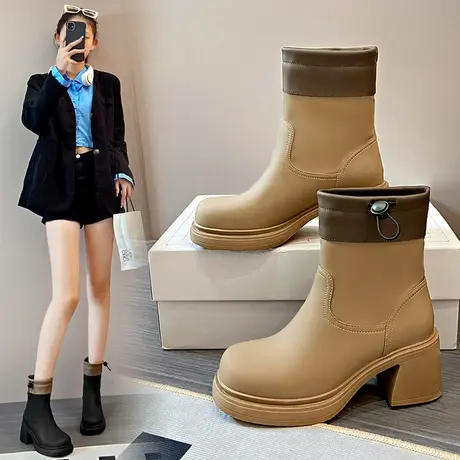 粗跟短靴女士2023新款秋冬气质百搭显瘦小个子套筒厚底高跟瘦瘦靴图片