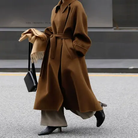 纯诗曼秋冬新款系带双面羊毛呢外套女中长款韩版赫本风羊绒大衣潮图片