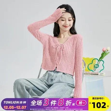 唐狮2024春秋新款女净色V领绑带长袖毛线衫设计感短款针织开衫cz图片