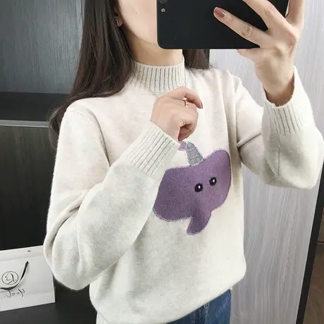 半高领针织衫女士加厚打底衫洋气卡通毛衣套头秋冬季2023新款上衣图片