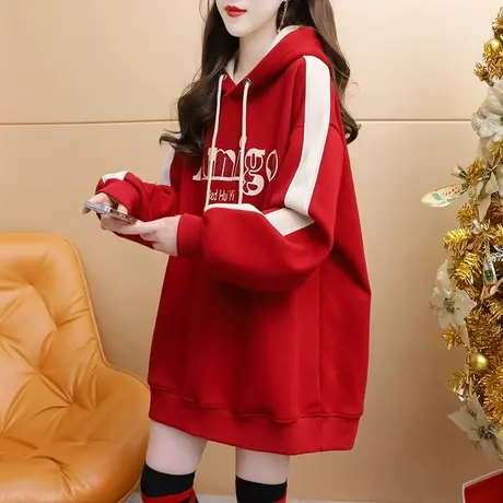 加绒加厚连帽卫衣女中长款2024新款早春季爆款洋气宽松设计感外套商品大图