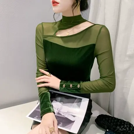 半高领打底衫网纱拼接镂空露肩长袖洋气内塔上衣女修身百塔T恤ins商品大图