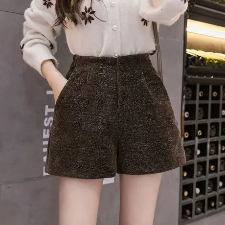 亮丝阔腿短裤女2024春季新款韩版毛呢靴裤高腰显瘦时尚外穿打底裤图片