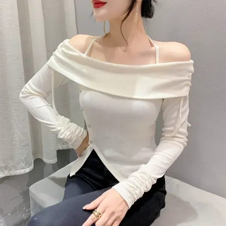 不规则开叉春装打底衫女性感露肩一字领长袖时尚辣妹上衣修身T恤图片