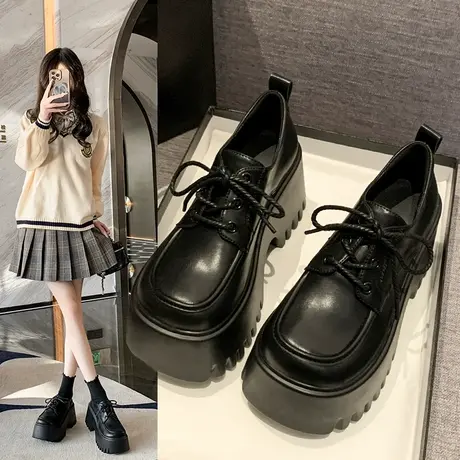 黑色小皮鞋女鞋子女款春季单鞋2024新款超厚底乐福鞋小个子高跟鞋图片