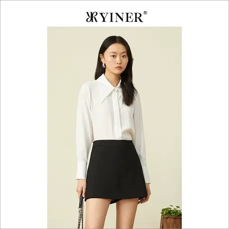YINER音儿女装2022夏季气质POLO领真丝白衬衫商品大图