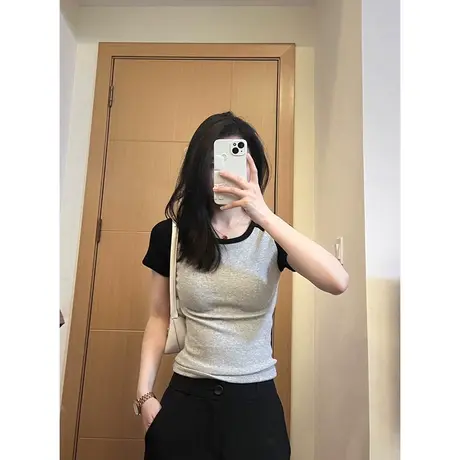 短款小个子拼色半袖T恤女夏季韩版修身显瘦纯棉打底衫上衣短袖潮商品大图