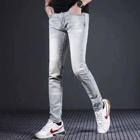 2024春夏季牛仔裤男款修身小脚潮牌弹力浅色印花潮流男士裤子长裤商品大图