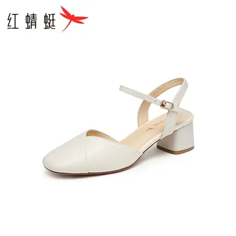红蜻蜓通勤粗跟凉鞋2023夏季新款女鞋包头后空单鞋软底舒适高跟鞋商品大图
