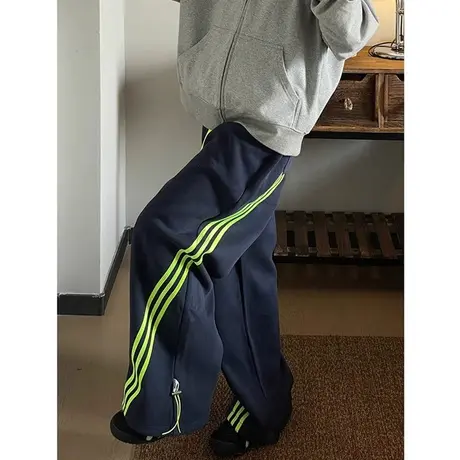 美式复古侧边条纹休闲运动裤女宽松高腰百搭早春秋季阔腿拖地长裤商品大图