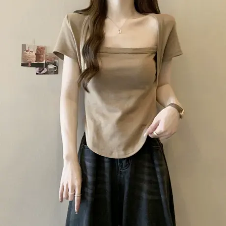 甜辣妹方领短袖T恤女士夏装韩版洋气减龄百搭修身短款半袖上衣潮图片