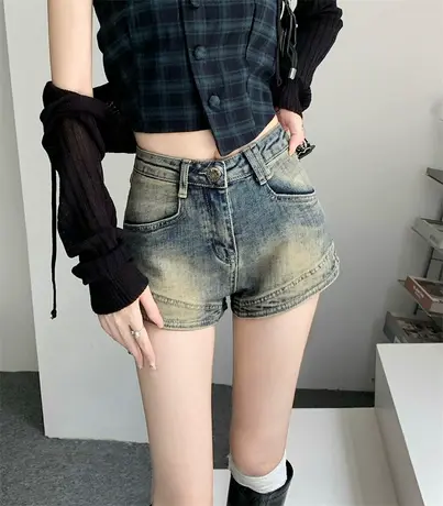 美式高街复古牛仔短裤女夏季薄款高腰显瘦宽松小众设计感a字热裤商品大图