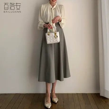 百洛安气质轻熟风半身裙女大摆长裙子春装新款时尚通勤高腰a字裙图片