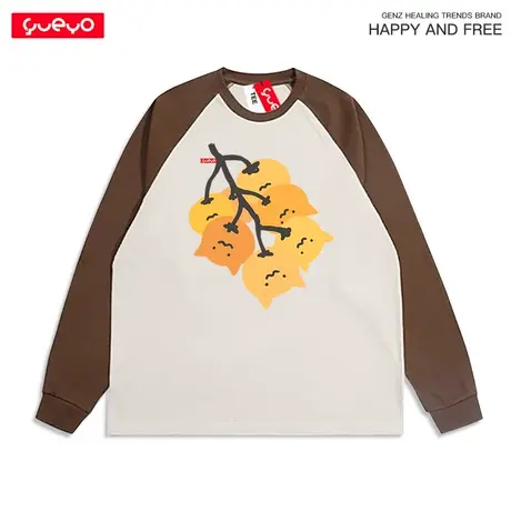 悦游 柿子猫 柿柿如意猫咪拼色长袖T恤男透气休闲纯棉宽松插肩袖图片