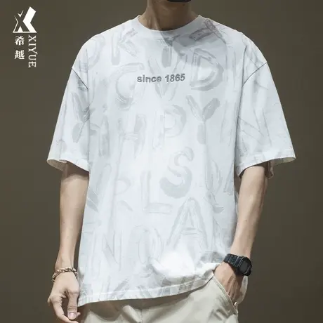 希越潮牌满印圆领T恤男2024夏季新款宽松大码男士短袖打底上衣ins商品大图