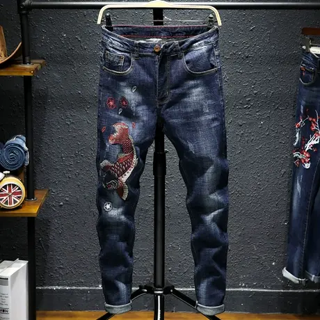 夏季款中国风鲤鱼刺绣牛仔裤男小脚修身男士大码日系潮牌学生绣花商品大图