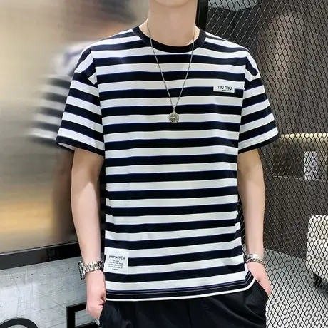 条纹t恤男短袖2022新款潮牌纯棉男装宽松半袖体恤潮流夏装上衣服图片