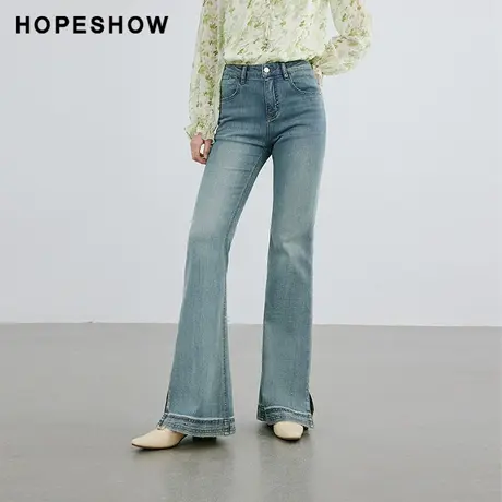 红袖时尚感做旧水洗喇叭裤hopeshow2024春季新款修身牛仔长裤女商品大图