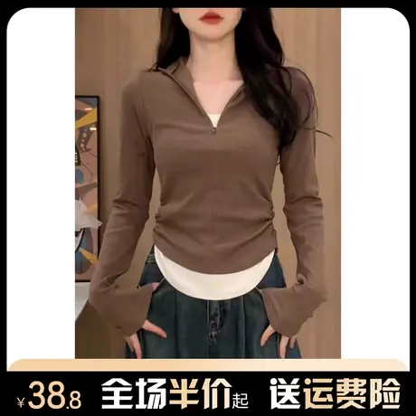 半拉链假两件长袖t恤女2024新款春秋季修身半高领打底衫正肩上衣商品大图