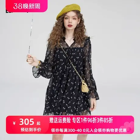 【商场同款】妖精的口袋法式碎花雪纺连衣裙女2023秋季新款长袖裙商品大图