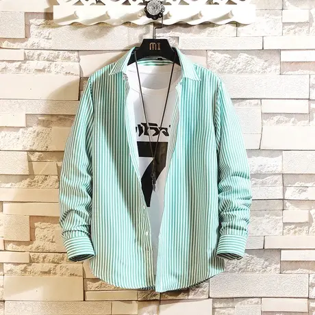 春秋季男士长袖衬衫韩版潮流帅气条纹港风衬衣休闲外穿寸衫外套男图片