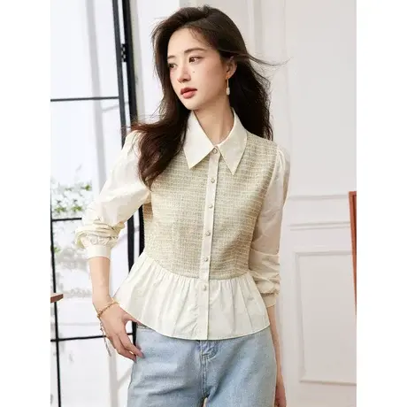 时尚气质小香风衬衫女士2023年秋季新款百搭翻领显瘦洋气上衣图片