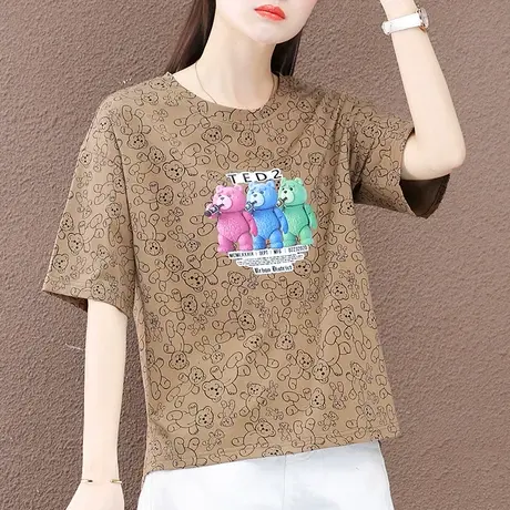 休闲纯棉t恤女夏装2023年新款时尚百搭圆领上衣小熊印花半袖体恤商品大图