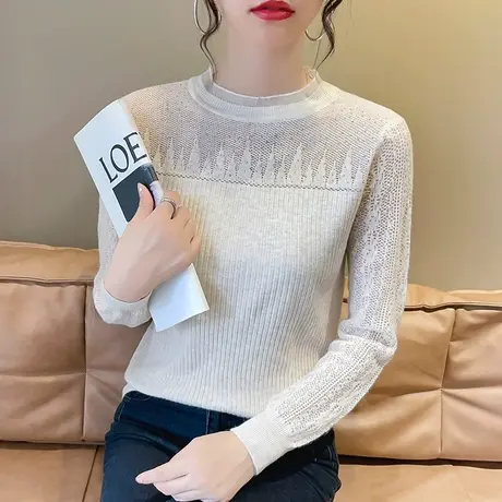 洋气烫钻蕾丝圆领毛衣打底衫女内搭春秋2023新款修身长袖针织衫女图片