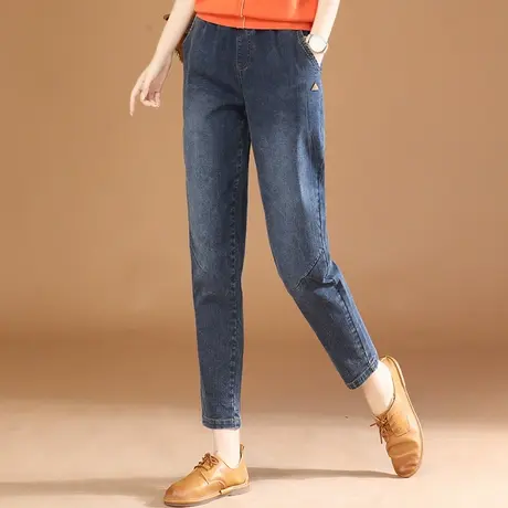 韩潮袭人松紧腰刺绣牛仔裤女2023秋装新款直筒宽松小脚哈伦长裤子商品大图