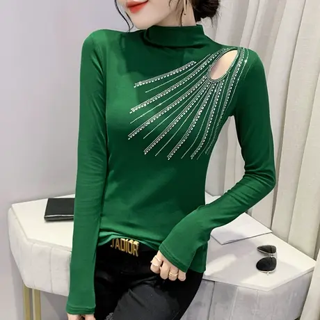 时尚烫钻T恤女装性感镂空洋气上衣修身紧身内搭打底衫女长袖春秋商品大图