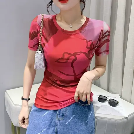 网红印花短袖T恤女设计感扎染上衣夏季修身百搭小衫性感网纱半袖商品大图