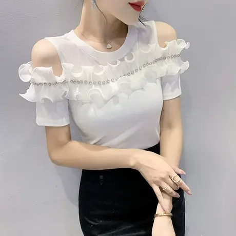 网纱拼接T恤女短袖时尚性感镂空露肩上衣气质条纹小衫修身半袖夏商品大图