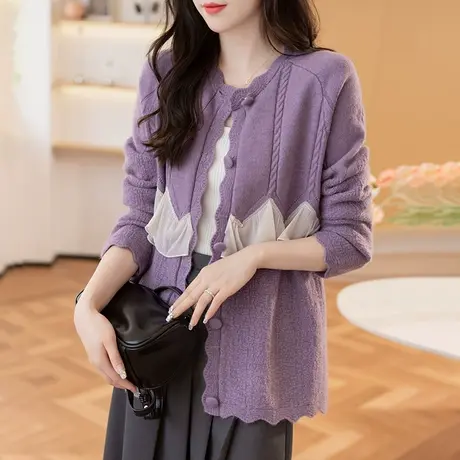 秋装女2023新款设计感小众毛衣蕾丝拼接针织开衫外套女春秋长袖女图片