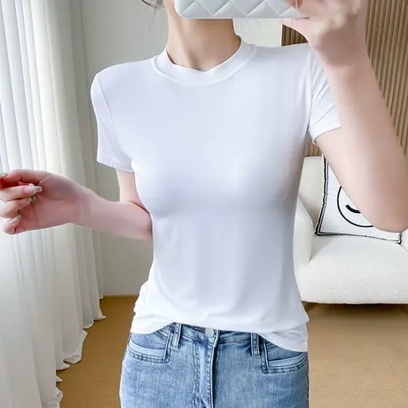 莫代尔女士半高领白色黑色短袖t恤打底衫女夏薄款夏季内搭外穿商品大图