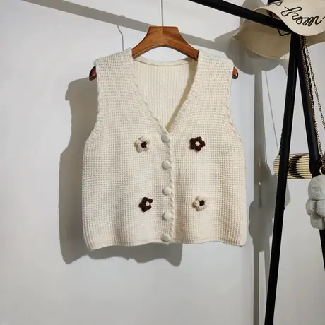 学院风针织马甲开衫女秋冬新款宽松v领叠穿立体花朵毛衣背心外套商品大图