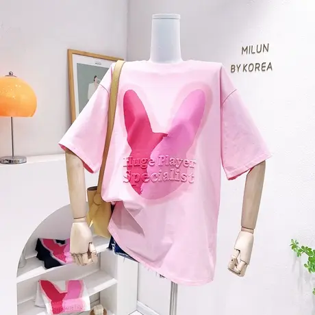 2023春夏新款别致短袖上衣韩版高级感洋气欧货宽松大版中长款T恤商品大图