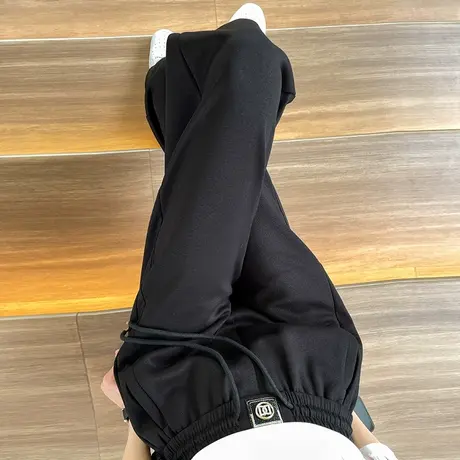 黑色九分哈伦裤女春秋新款高腰宽松显瘦百搭抽绳休闲萝卜直筒裤子商品大图